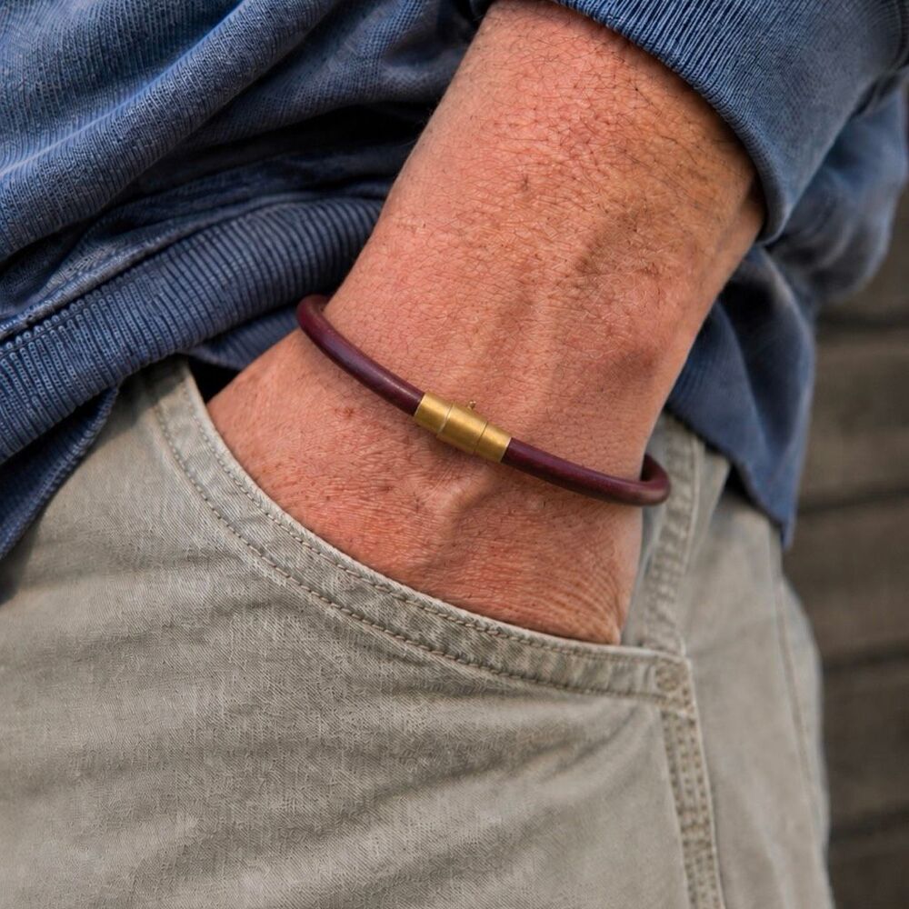 Men’s Burgundy Red Leather Bracelet, Antique Brass Barrel Clasp